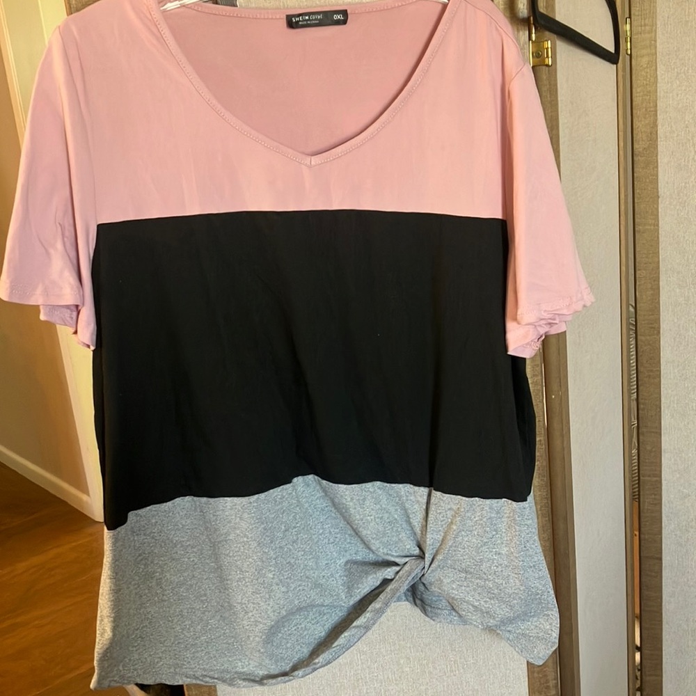 FINAL MARKDOWN Shein curve top Pink and Black Tie Front Short Sleeve Tee ox